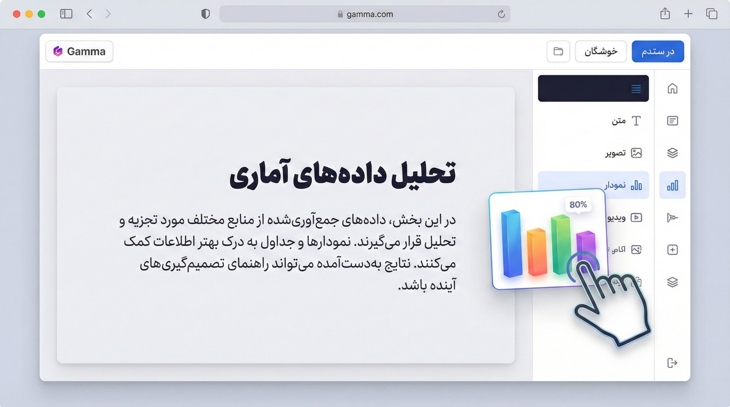 محیط ویرایش اسلاید در گاما اپ و نحوه اضافه کردن نمودار و محتوای تعاملی