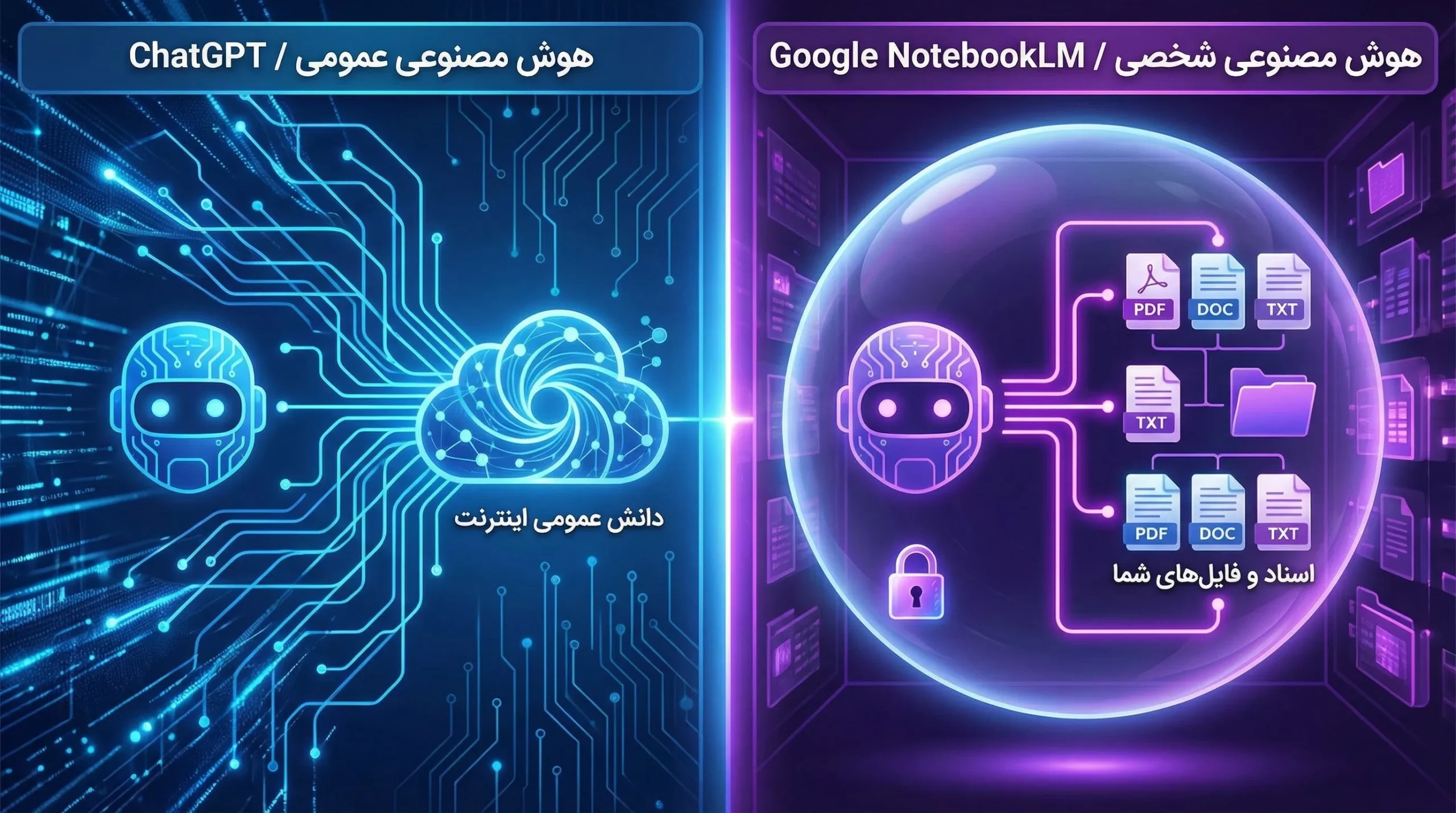 مقایسه تصویری فارسی تفاوت NotebookLM و ChatGPT؛ تمرکز بر اسناد شخصی در مقابل دانش عمومی اینترنت.