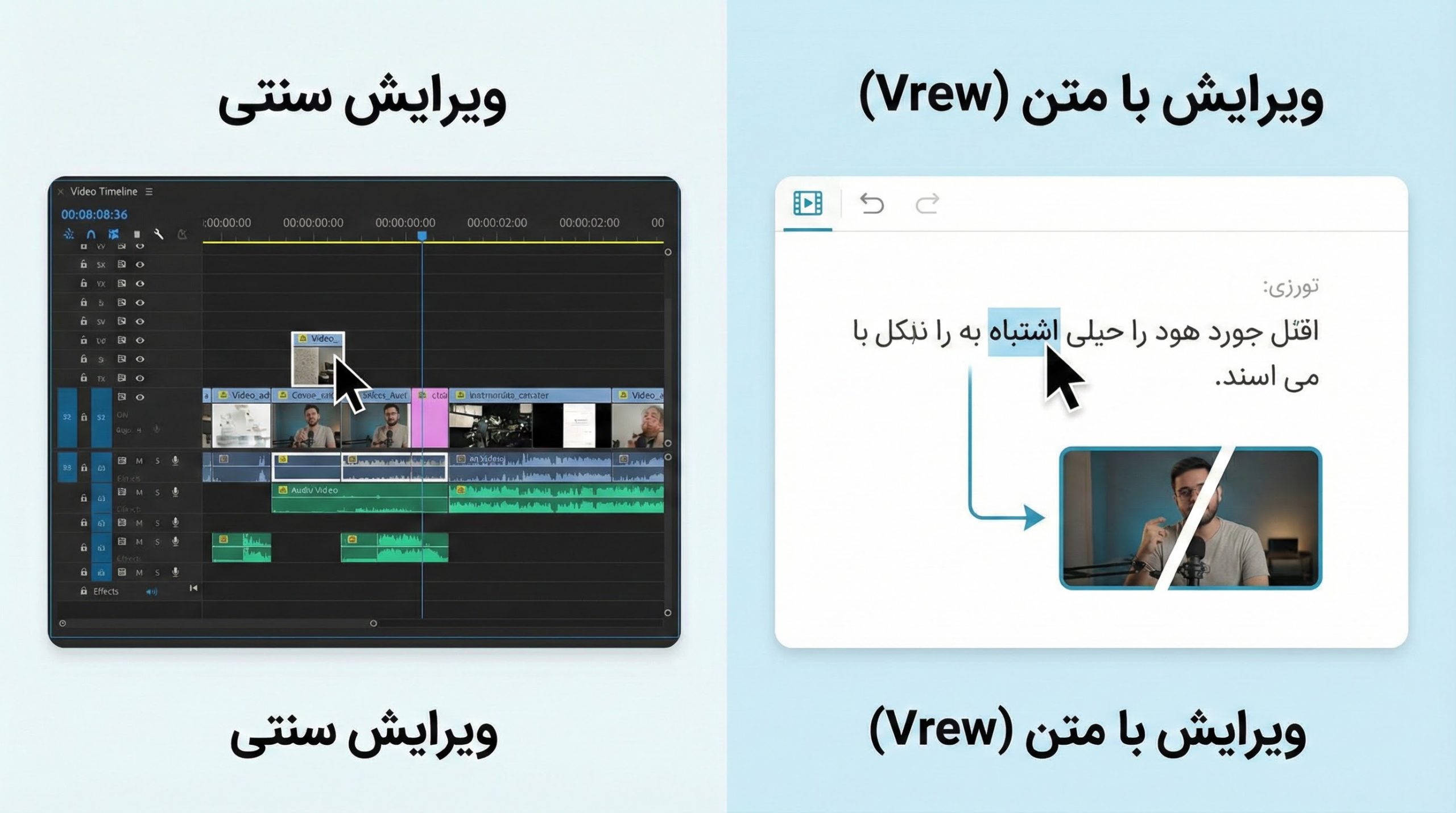 مقایسه محیط ویرایش متنی Vrew با ویرایشگرهای سنتی ویدیو